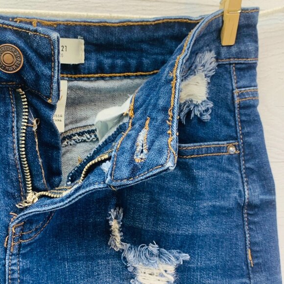 Forever 21 Womens Jean Mini Skirt Distressed Denim Stretch Frayed Hem Size 26 - Picture 5 of 9